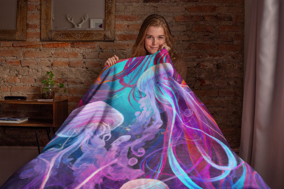 Neon Jellyfish Fleece Blanket Cozy Blanket Jellyfish Art Etsy