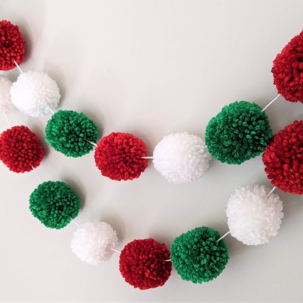 Christmas Pom Pom Garland | Red White Green Yarn Baubles | Holiday Mantle Banner | Teacher Gift | Photo Backdrop | Shelf Banner