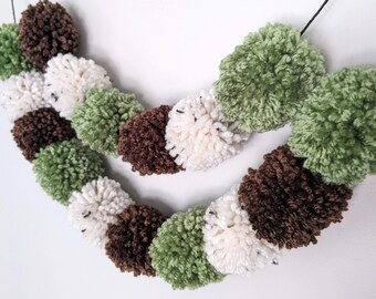 Pom Pom Garland, Fall Yarn Wall Hanging, Thanksgiving Garland, Soft Fall Color Garland, Green, Brown, Cream, Fluffy Fireplace, Wall Hanging