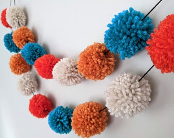 Fall Thanksgiving Garland | Turquoise, Orange, Cream Pom Poms | Fluffy Coffee Bar Swag |  Shelfie Prop | Colorful Wall Hanging