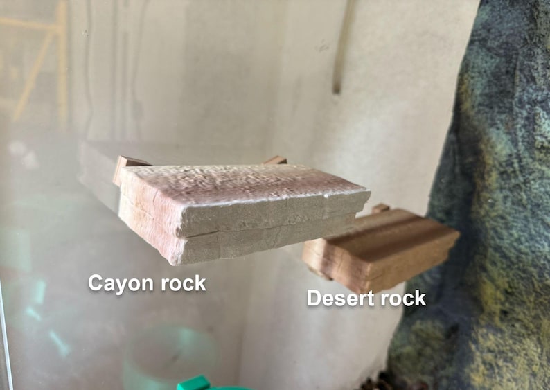 May include: Two pieces of rock, one labeled "Canyon rock" and the other labeled "Desert rock". The canyon rock is a light brown color and has a rough texture. The desert rock is a darker brown color and has a smoother texture.