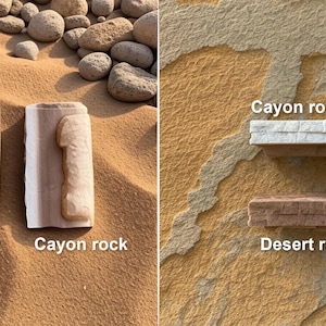 May include: Two samples of rock, one labeled "Desert rock" and the other labeled "Canyon rock". The desert rock is a darker brown color, while the canyon rock is a lighter brown color with white streaks.