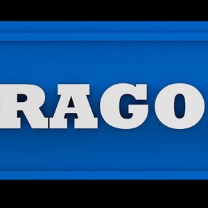 May include: A blue rectangular sign with the word "DRAGO" in white bold letters and a blue chameleon logo on the right side.