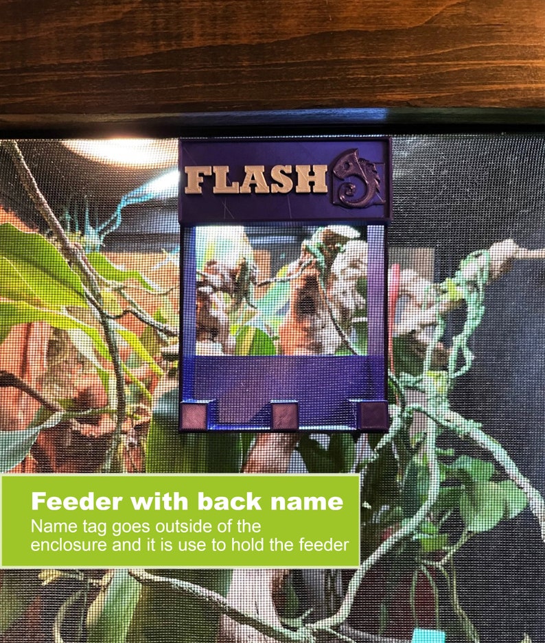 May include: Purple feeder with a name tag that says "FLASH" attached to a screen enclosure. The name tag is designed to hold the feeder.