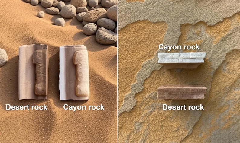 K&ouml;nnte beinhalten: Das Bild zeigt zwei S&auml;tze von Felsformationen. Auf der linken Seite werden zwei vertikale Proben von Desert Rock und Cayon Rock auf Sand gezeigt. Auf der rechten Seite werden zwei horizontale Proben von Cayon Rock und Desert Rock vor einem strukturierten Hintergrund gezeigt. Textbeschriftungen identifizieren jeden Gesteinstyp.