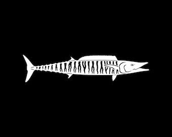 May include: A white graphic illustration of a wahoo fish set against a solid black background. The fish is depicted in profile, facing right, with its mouth slightly open and distinct vertical stripes along its elongated, slender body.