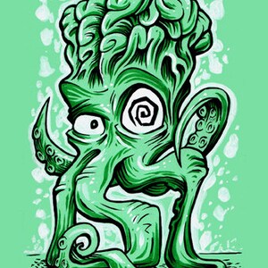 May include: Green cartoon illustration of a creature with a brain for a head and tentacles for arms and legs. The creature has a swirling eye and a surprised expression.