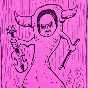 Puede incluir: Un dibujo en blanco y negro de una criatura con cuernos tocando el violín. La criatura lleva una túnica con capucha y tiene una expresión amenazante. El fondo es un patrón de rayas rosas y blancas.