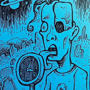 May include: A blue and black illustration of a person holding a clock, with a planet and a starry sky in the background. The person has a surprised expression and is touching their mouth. The clock shows the time as 4:00.