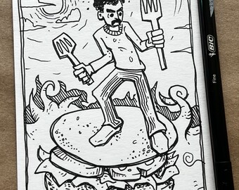 Automatic Sketch : Guy w/fork & spatula riding hamburger. Surreal surrealist pen and ink drawing