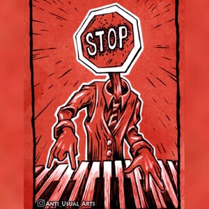 Surreal jazz art. Stop sign dude playing a piano / keyboard. Original art
