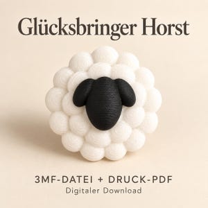 Op de afbeelding: Een 3D-geprint schaapfiguur met een zwarte kop en een wit, getextureerd, cirkelvormig wollen lichaam. De tekst 'Glücksbringer Horst' staat bovenaan en '3MF-DATEI + DRUCK-PDF Digitaler Download' staat onderaan de afbeelding gedrukt.