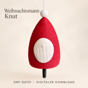 May include: A red, cone-shaped hanging ornament with a white, oval-shaped face featuring a beard and moustache. It has a white bead at the top with a string and a black protrusion at the bottom. Text reads: Weihnachtsmann Knut 3MF-DATEI • DIGITALER DOWNLOAD.