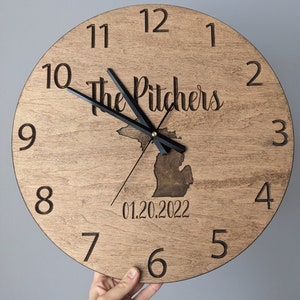 Custom Wooden Engraved Clock, 16 inch Wall Clock, Personalized Gift for Anniversary, Wedding, Christmas, Retirement, Office, Home Decor