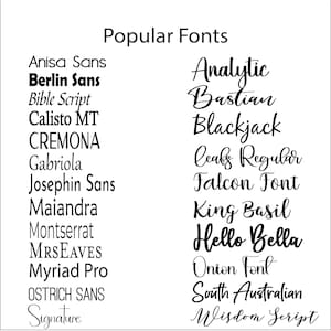 May include: A white background displays a list of popular fonts in black text. The title "Popular Fonts" is at the top. Font names include "Berlin Sans", "Hello Bella", and "Wisdom Script".