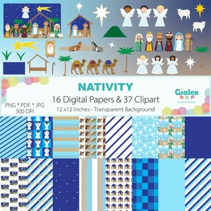 Nativity Clipart & Digital Paper Pack, Christmas Nativity Religious Illustrations, Nativity Digital Bundle, Baby Jesus, Mary, Joseph Graphic