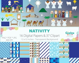 Nativity Clipart & Digital Paper Pack, Christmas Nativity Religious Illustrations, Nativity Digital Bundle, Baby Jesus, Mary, Joseph Graphic