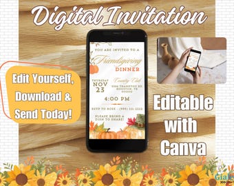Invitación digital para cena de Acción de Gracias, invitación digital para Acción de Gracias, plantilla editable de Canva, invitación para cena de Acción de Gracias, Acción de Gracias