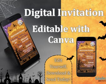 Digitale uitnodiging Halloween-feest, digitale uitnodiging Halloween-feest, bewerkbare canva-sjabloon, e-uitnodiging voor Halloween, griezelige uitnodiging