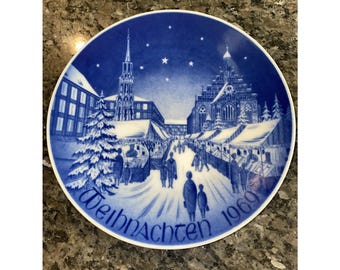 Piatto mercatino di Natale vintage 1969 in porcellana blu e bianco Weihnachten 8"