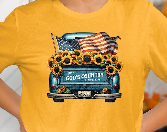Featured listing image: God's Country T-Shirt, Vintage Truck Tee, Patriotic Sunflower Shirt, Retro American Flag Top, USA Pride Graphic Tee, Country Love