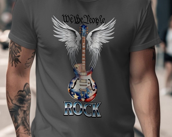 Featured listing image: We the People Rock T-Shirt, Patriotic Guitar Wings Tee, American Rock Music Shirt, Independence Day Shirt, USA Flag Guitar T-Shirt