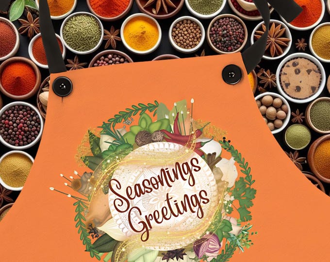 Featured listing image: Seasonings Greetings Food Lover Apron Spice Seasoning Christmas, Thanksgiving or Hanukkah Gift For The Family Chef Cooking for Foodies Apron