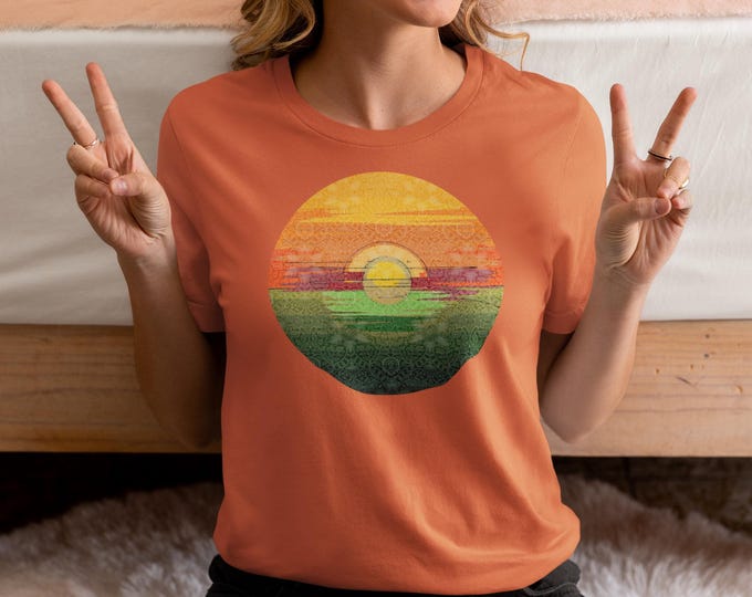 Featured listing image: Retro Sunset Graphic T-Shirt: Abstract Art Style, Soft Cotton Tee