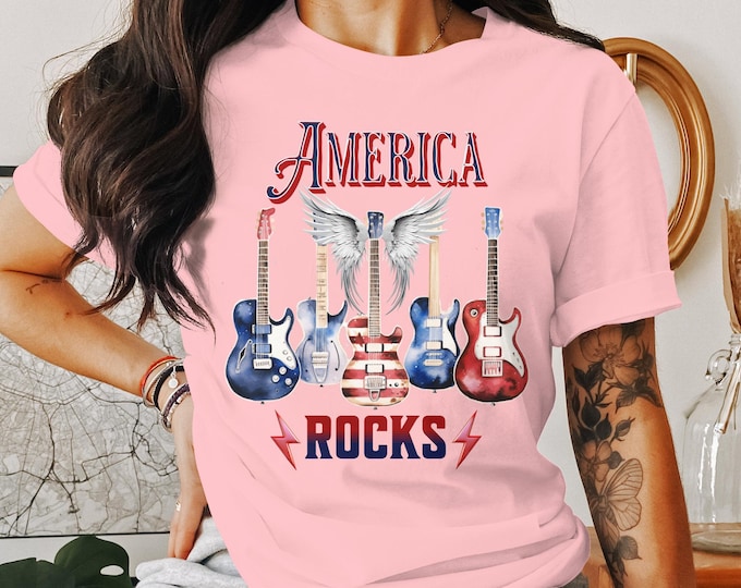 Featured listing image: America Rocks T-Shirt, Vintage Guitar Graphic Tee, USA Patriotic Music Shirt, Rock and Roll Band Tshirt, Electric Guitar Top