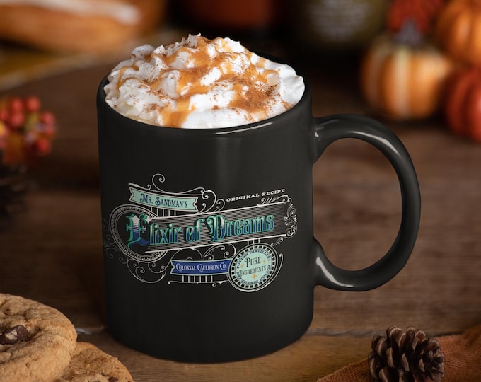 Featured listing image: Drink from the Elixir of Dreams Coffee Cup by Mr Sandman Colossal Cauldron Co Vintage Apothecary Mug Unique Novelty Gift for anyone