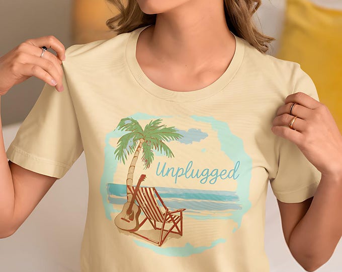 Featured listing image: Unplugged Beach Vibes T-Shirt: Soft Cotton Guitar & Palm Tree Tee