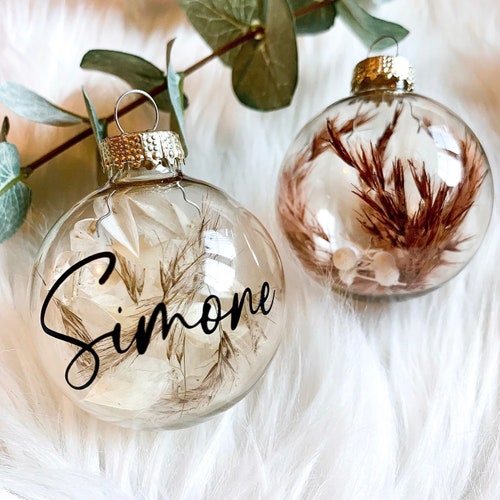 Adornos navideños de cristal de 6 cm con flores secas | Personalizados | Navidad | Regalo de Navidad | Decoraciones navideñas | Regalo de amigo invisible
