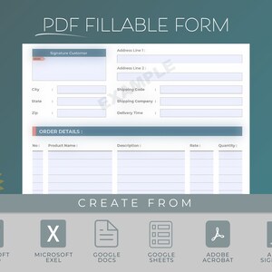 Op de afbeelding: Een invulbaar PDF-formulier met velden voor klantgegevens, verzendgegevens en bestelgegevens. Het formulier kan worden gemaakt met Microsoft Word, Excel, Google Docs, Google Sheets, Adobe Acrobat of Adobe Sign.