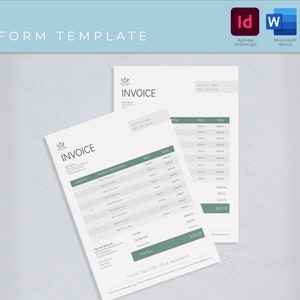 Op de afbeelding: Een minimalistische factuurtemplate met een groen logo en het woord "FACTUUR" in vetgedrukte letters. De template bevat secties voor klantgegevens, productbeschrijving, hoeveelheid, prijs en totaal. De template is ontworpen voor gebruik met Adobe InDesign, Microsoft Word en Canva.