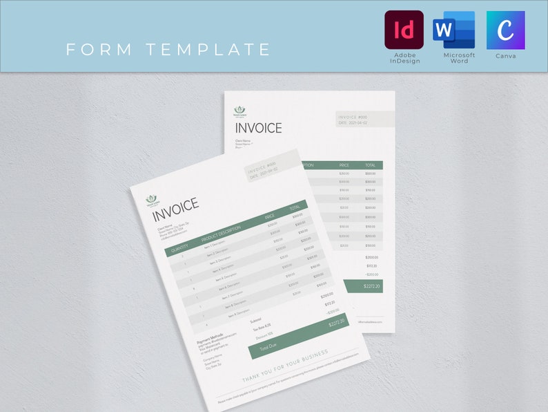 Op de afbeelding: Een minimalistische factuurtemplate met een groen logo en het woord "FACTUUR" in vetgedrukte letters. De template bevat secties voor klantgegevens, productbeschrijving, hoeveelheid, prijs en totaal. De template is ontworpen voor gebruik met Adobe InDesign, Microsoft Word en Canva.