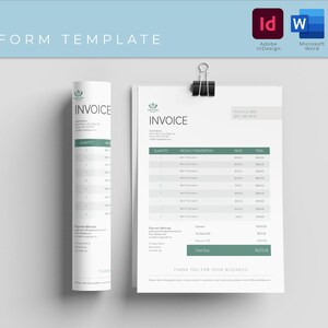 Op de afbeelding: Een minimalistische factuurtemplate met een groen blaadjeslogo. De template bevat secties voor klantgegevens, factuurnummer, datum, hoeveelheid, productbeschrijving, prijs en totaal. De template bevat ook een sectie voor betaalmethoden en een bedankbericht.