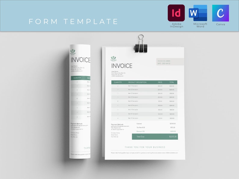 Op de afbeelding: Een minimalistische factuurtemplate met een groen blaadjeslogo. De template bevat secties voor klantgegevens, factuurnummer, datum, hoeveelheid, productbeschrijving, prijs en totaal. De template bevat ook een sectie voor betaalmethoden en een bedankbericht.