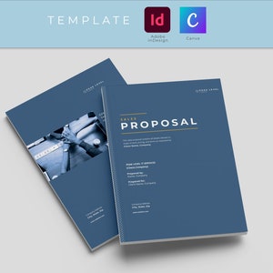 May include: A blue sales proposal template with the text "SALES PROPOSAL" in gold lettering. The template is designed for use with Adobe InDesign and Canva.