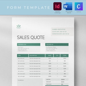 Quote Template, Editable Quotation Template, Quote Form, Small Business Invoice Order Form, Price Quotation Template, Sales Quote
