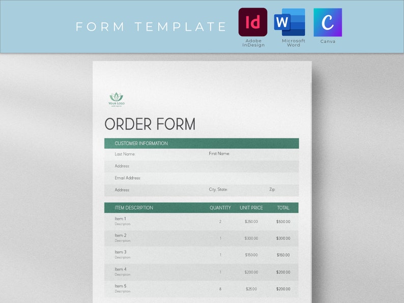 Editable Order Form Template: Microsoft Word, Adobe Indesign - Etsy
