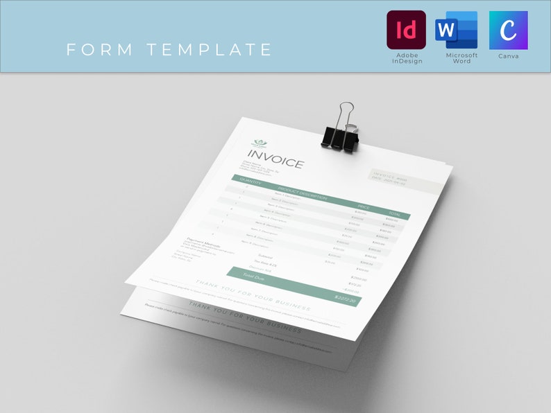 Op de afbeelding: Een minimalistische factuurtemplate met een groen logo en het woord "FACTUUR" in een sans-serif lettertype. De template bevat secties voor klantgegevens, productbeschrijvingen, hoeveelheid, prijs en totaalbedrag. De tekst "BEDANKT VOOR UW ZAKEN" wordt onderaan de pagina herhaald.