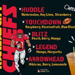 Op de afbeelding: Een afbeelding van een voetballer die een rood-wit shirt draagt met de woorden "Kansas City Chiefs" in geel en rood. De afbeelding bevat ook een lijst met drankaroma's met namen als "Huddle", "Touchdown", "Blitz", "Legend" en "Arrowhead".