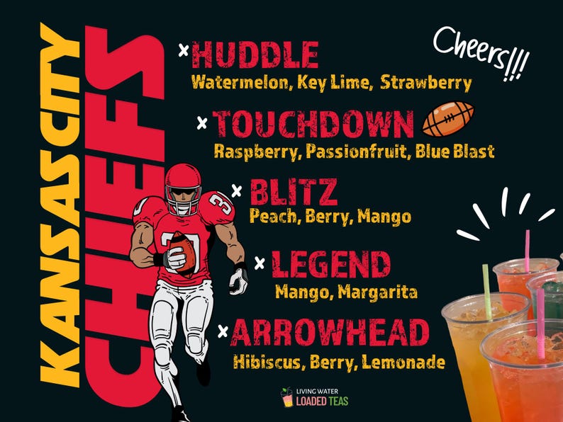 Op de afbeelding: Een afbeelding van een voetballer die een rood-wit shirt draagt met de woorden "Kansas City Chiefs" in geel en rood. De afbeelding bevat ook een lijst met drankaroma's met namen als "Huddle", "Touchdown", "Blitz", "Legend" en "Arrowhead".