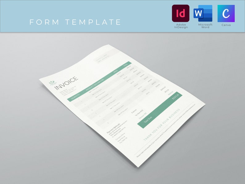 Op de afbeelding: Een witte factuurtemplate met een groen logo en het woord "FACTUUR" in vetgedrukt zwart. De template bevat secties voor hoeveelheid, productbeschrijving, prijs en totaal. De template bevat ook een sectie voor betaalmethoden en een bedankbericht.