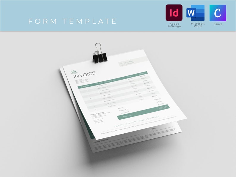 Op de afbeelding: Een witte factuurtemplate met een groen blaadjeslogo en het woord "FACTUUR" in vetgedrukt zwart. De template bevat secties voor klantgegevens, productbeschrijvingen, hoeveelheden, prijzen en een totaalbedrag. De tekst "BEDANKT VOOR UW ZAKEN" staat onderaan de factuur.