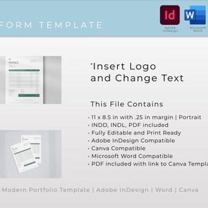Op de afbeelding: Een moderne factuurtemplate in portretori&euml;ntatie, met een afmeting van 11 bij 8,5 inch en een marge van 0,25 inch. De template is volledig bewerkbaar en klaar om te printen. Het is compatibel met Adobe InDesign, Canva en Microsoft Word. De template bevat een PDF-bestand met een link naar de Canva-template.