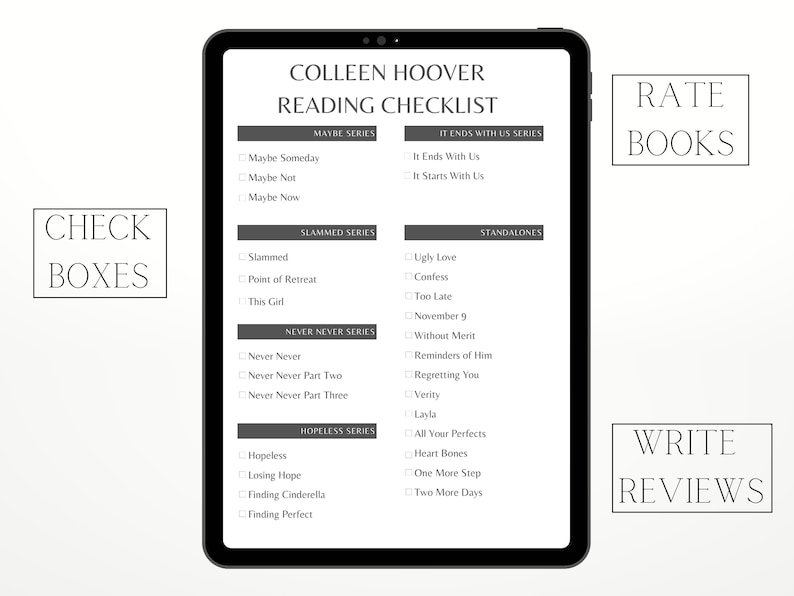 Colleen Hoover Author Reading Checklist, Author Backlist, Printable A4