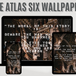 Könnte beinhalten: Eine digitale Tapete mit einem Zitat aus dem Buch "The Atlas Six" von Olivie Blake. Das Zitat lautet: "Die Moral dieser Geschichte ist: Hüte dich vor dem Mann, der dir unbewaffnet gegenübersteht. Wenn du in seinen Augen nicht das Ziel bist, dann kannst du sicher sein, dass du die Waffe bist."