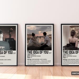 May include: Three black framed posters with white text on a white background. Each poster has a different image. The first poster has a photo of a person in a concert setting. The second poster has a photo of a couple sitting on a bridge. The third poster has a photo of a person looking at a painting in a museum. The text on each poster reads "The Idea of You" and includes the author, genre, pages, and starring actors. The year 2017 is also included on each poster.