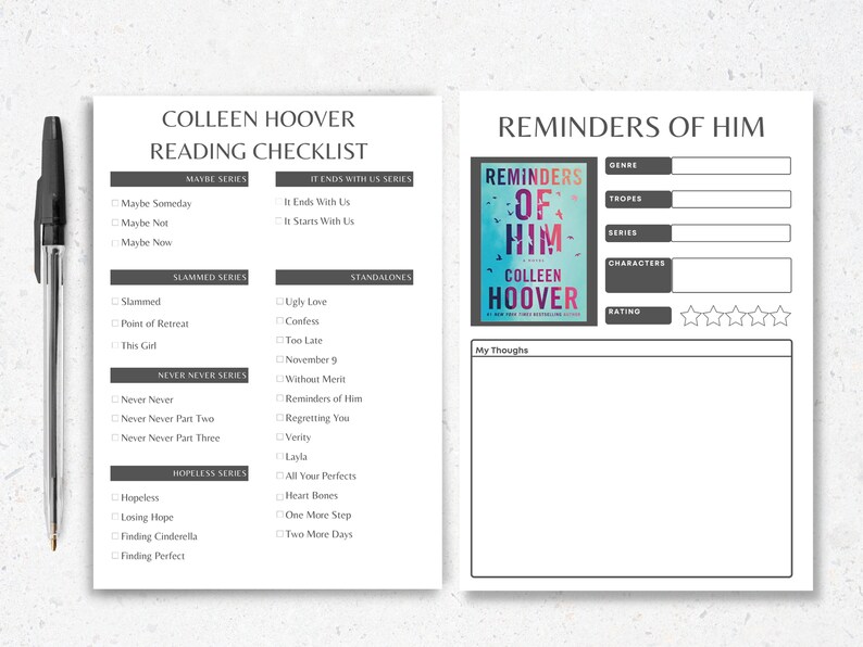 Colleen Hoover Author Reading Checklist, Author Backlist, Printable A4